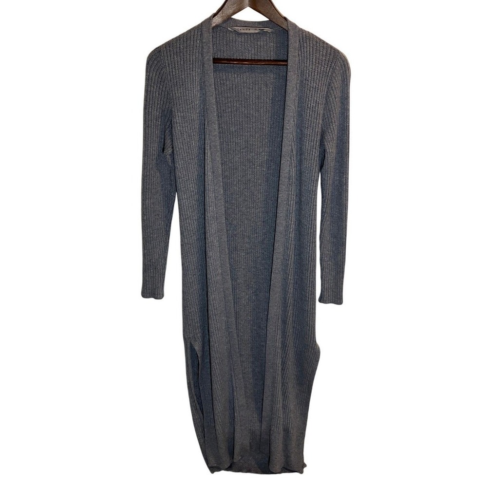 Athleta Long‎ Ribbed Cardigan Sweater Blue Gray Slits Womens XS Ethereal Fairy